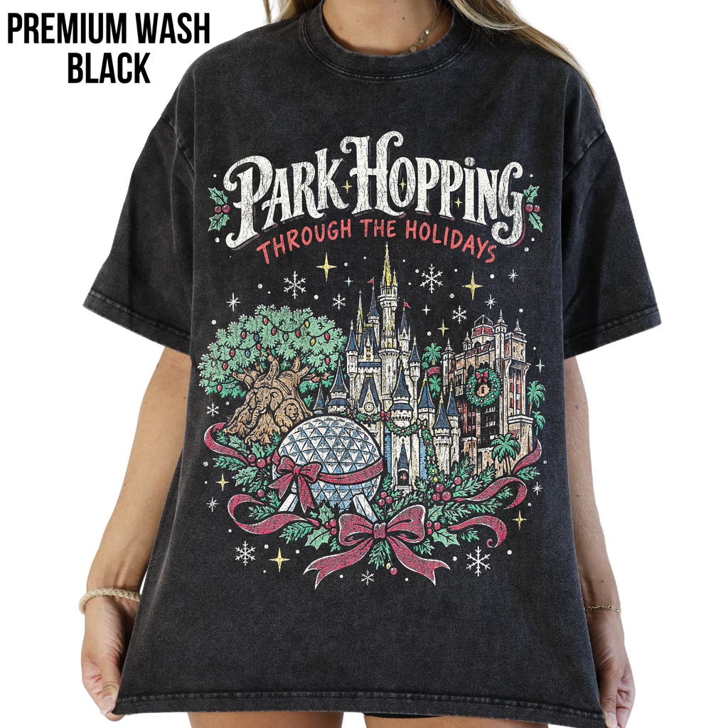 Disney Park Hopping Christmas Shirt – Four Parks Holiday Icons Graphic Shirt, Disney World Holiday Fan Gift, Disney Christmas Park Hopper Shirt, Disney Holiday Merch