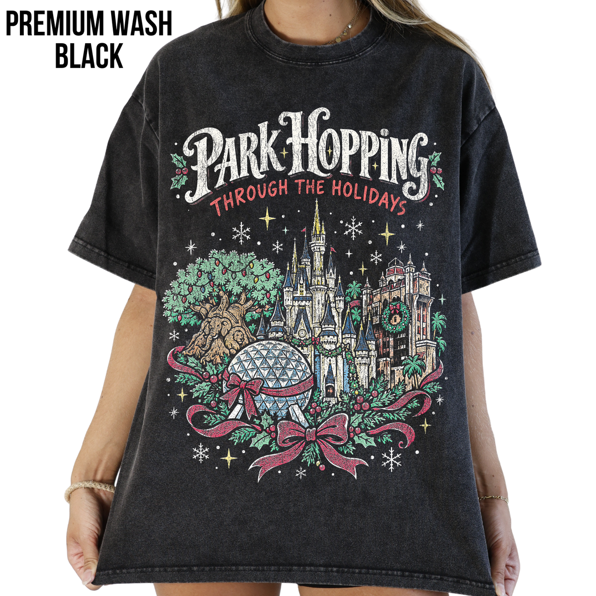 Disney Park Hopping Christmas Shirt – Four Parks Holiday Icons Graphic Shirt, Disney World Holiday Fan Gift, Disney Christmas Park Hopper Shirt, Disney Holiday Merch