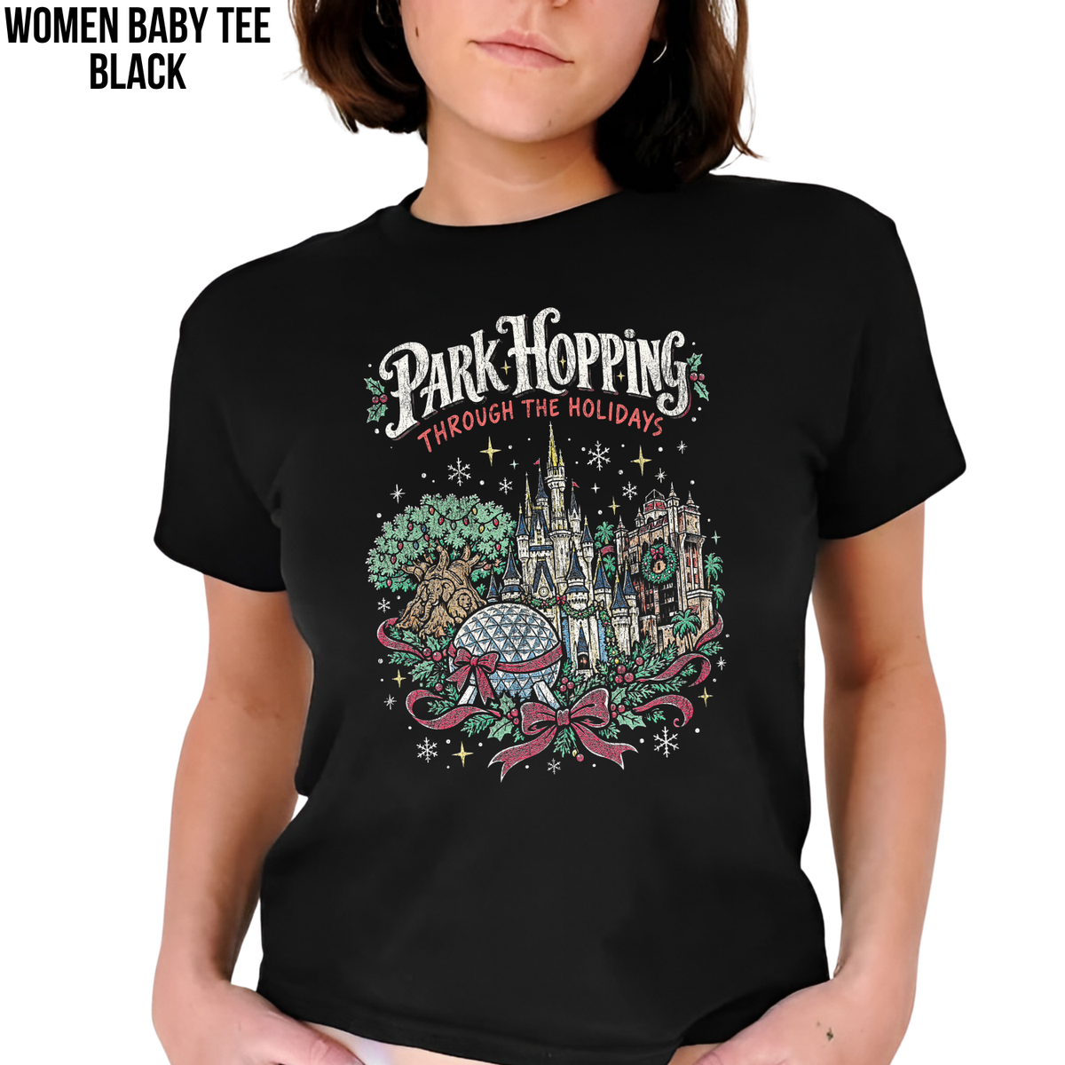 Disney Park Hopping Christmas Shirt – Four Parks Holiday Icons Graphic Shirt, Disney World Holiday Fan Gift, Disney Christmas Park Hopper Shirt, Disney Holiday Merch