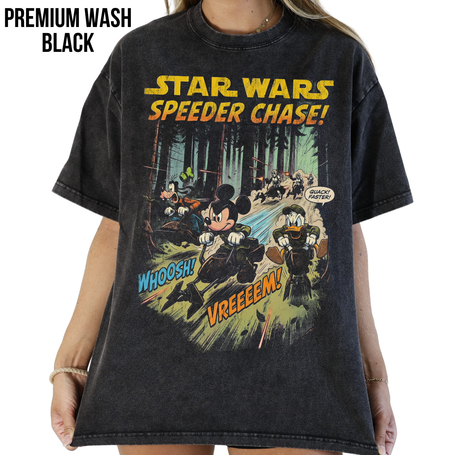 Vintage Star Wars Speeder Chase Shirt: Mickey Donald Goofy Endor Scene Tee