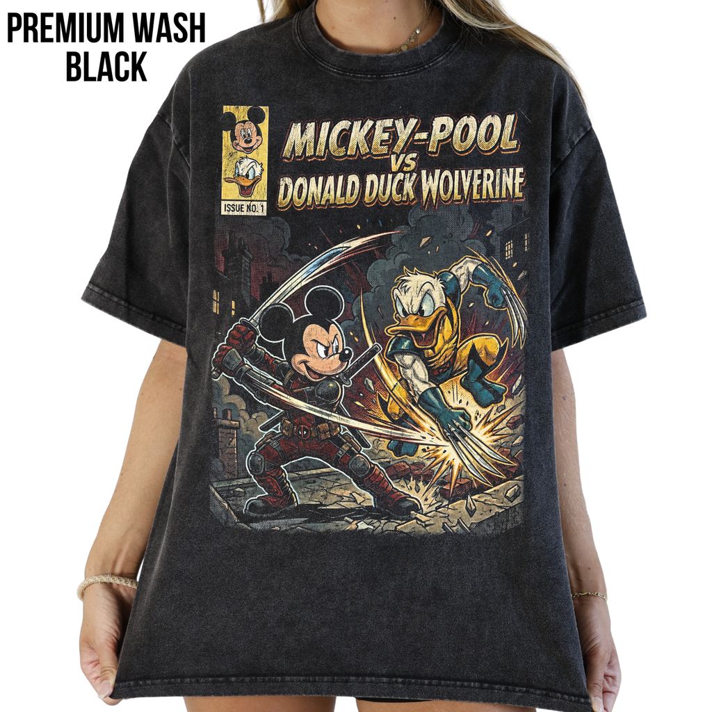 Mickey-Pool vs Donald Duck Wolverine Shirt – Vintage Marvel Mickey Mouse Crossover Comic Tee