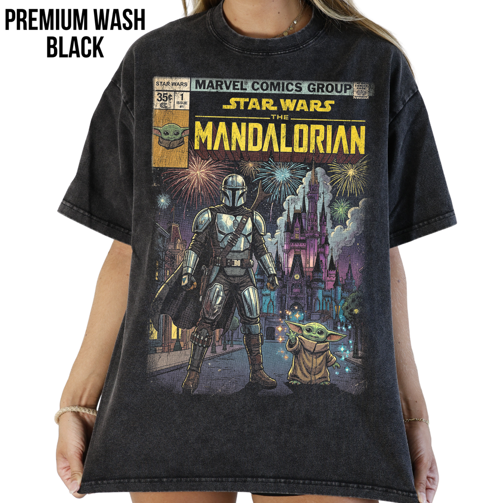 The Mandalorian and Grogu Disney World Castle Shirt - Star Wars Comic Style Tee