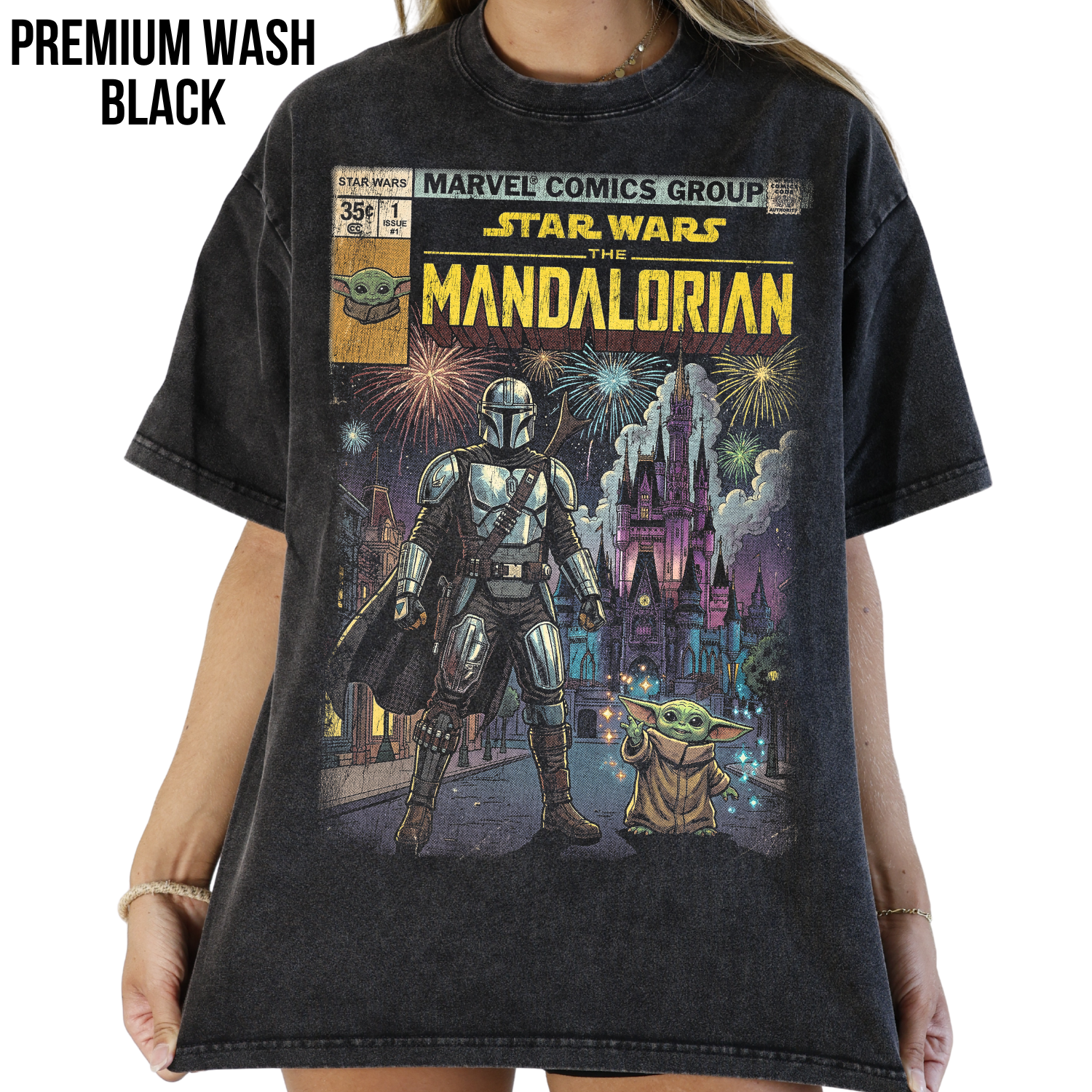 The Mandalorian and Grogu Disney World Castle Shirt - Star Wars Comic Style Tee
