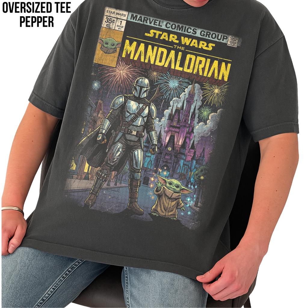 The Mandalorian and Grogu Disney World Castle Shirt - Star Wars Comic Style Tee