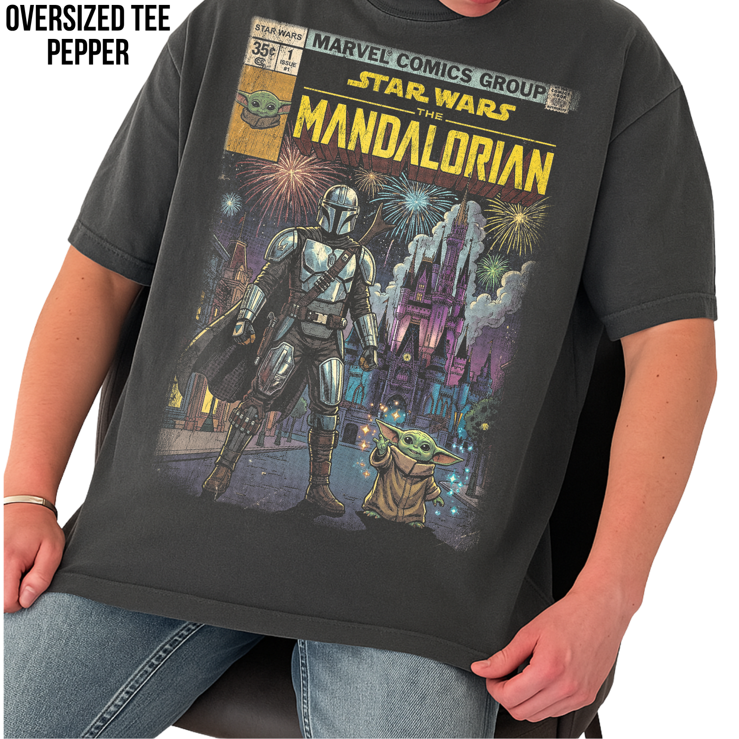 The Mandalorian and Grogu Disney World Castle Shirt - Star Wars Comic Style Tee
