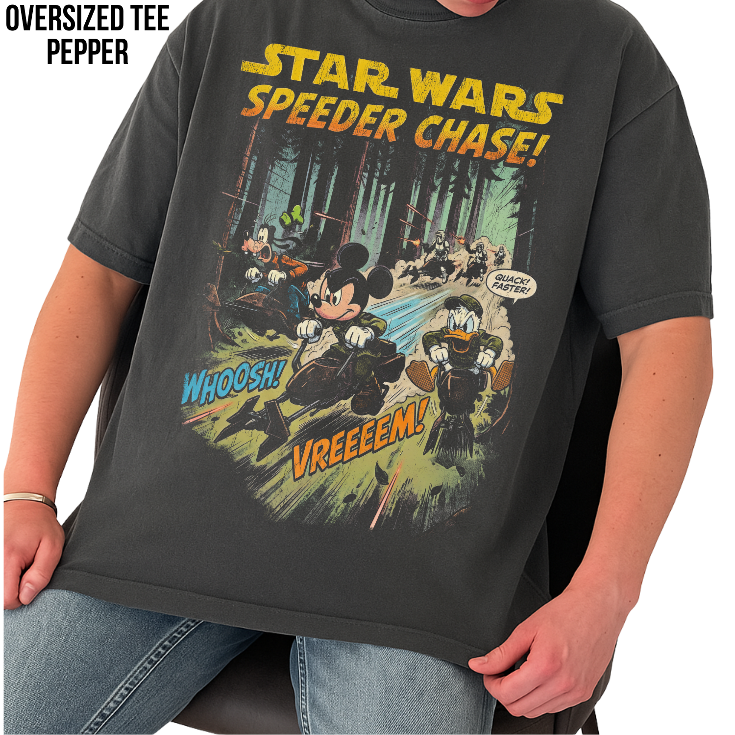 Vintage Star Wars Speeder Chase Shirt: Mickey Donald Goofy Endor Scene Tee