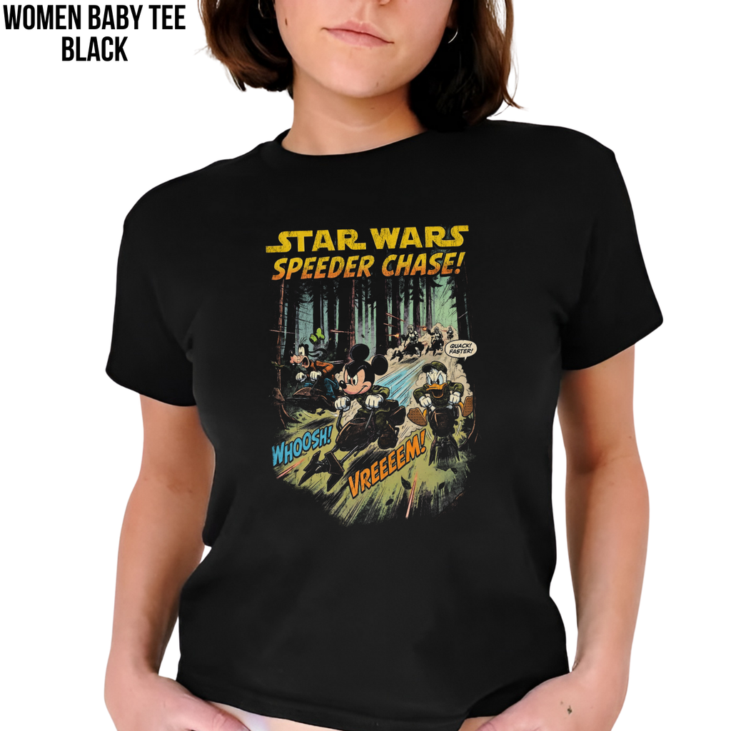 Vintage Star Wars Speeder Chase Shirt: Mickey Donald Goofy Endor Scene Tee