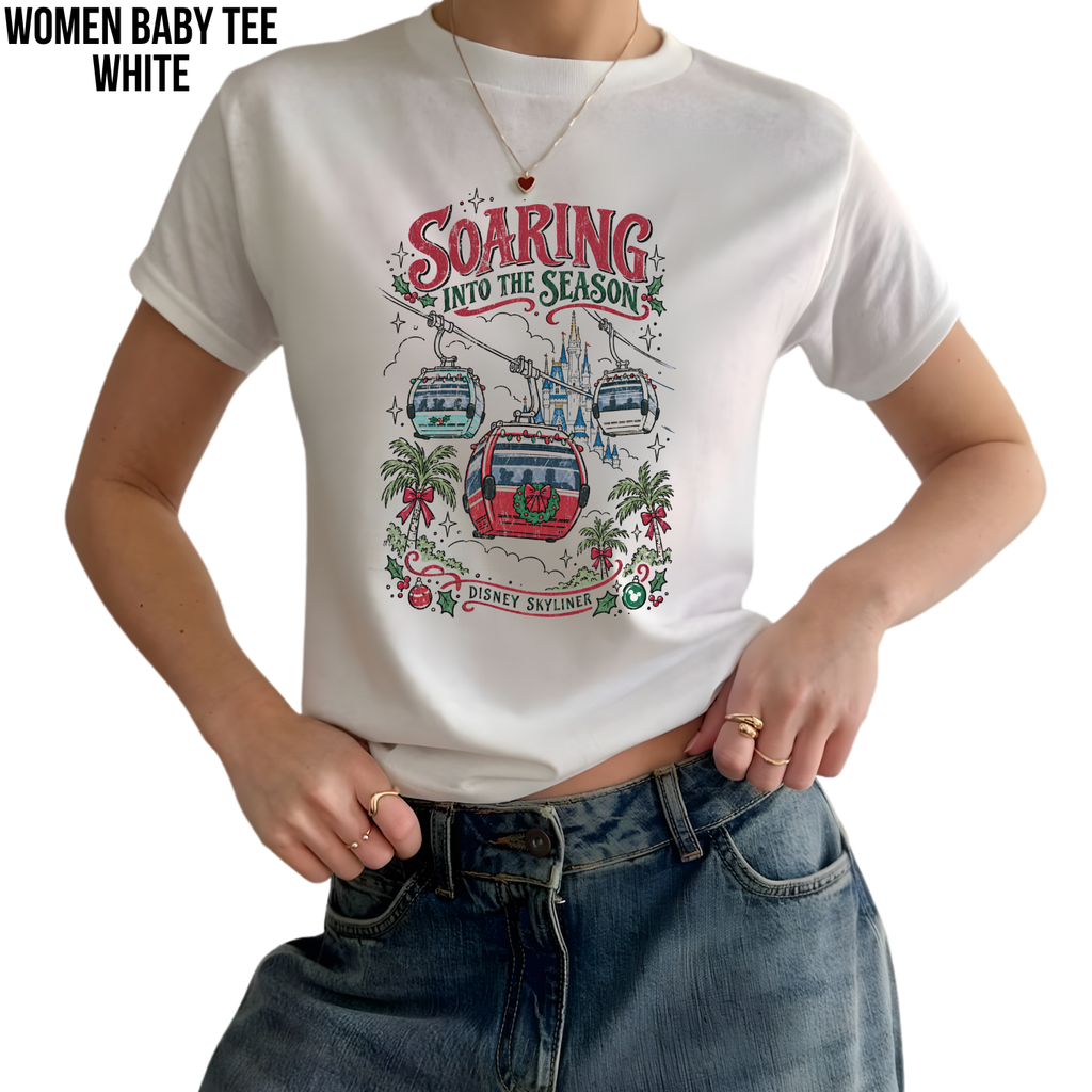 Disney Skyliner Christmas Shirt – Soaring Into the Season Gondola Holiday Graphic Shirt, Disney World Holiday Fan Gift, Disney Christmas Skyliner Shirt, Disney Holiday Merch