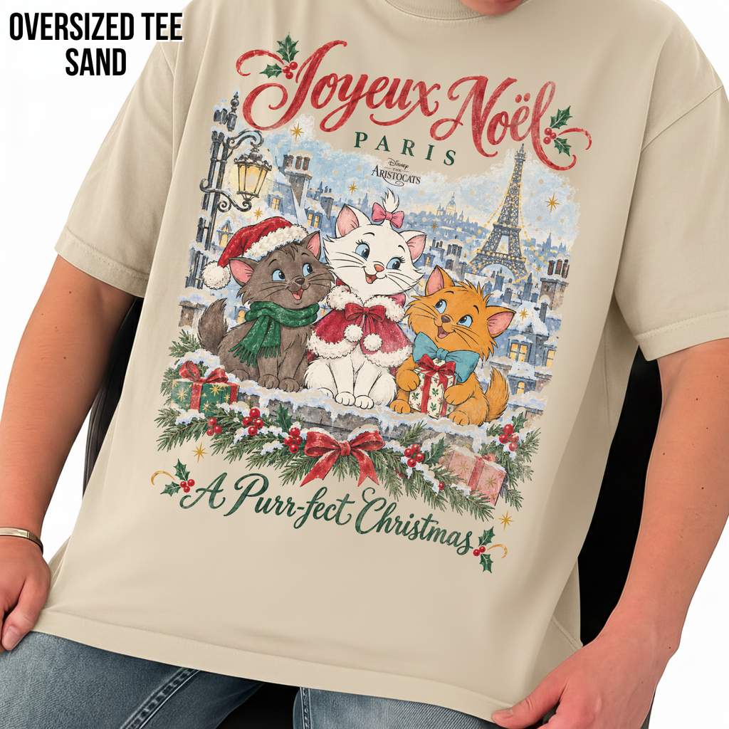 Aristocats Christmas Shirt – Joyeux Noël Paris Marie Berlioz Toulouse Graphic Shirt, Disney Aristocats Holiday Fan Gift, Disney Christmas Cat Shirt, Disney Holiday Merch