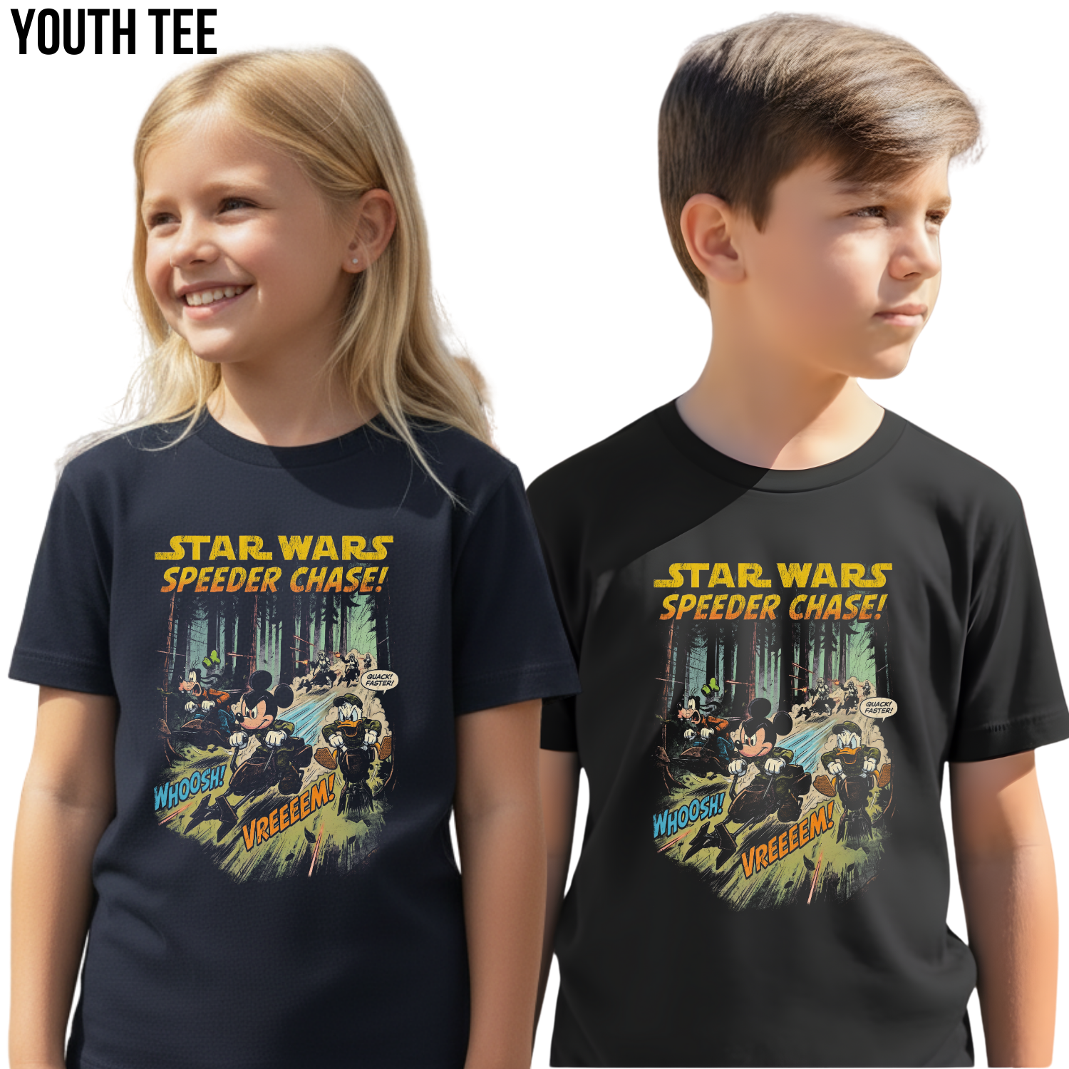 Vintage Star Wars Speeder Chase Shirt: Mickey Donald Goofy Endor Scene Tee