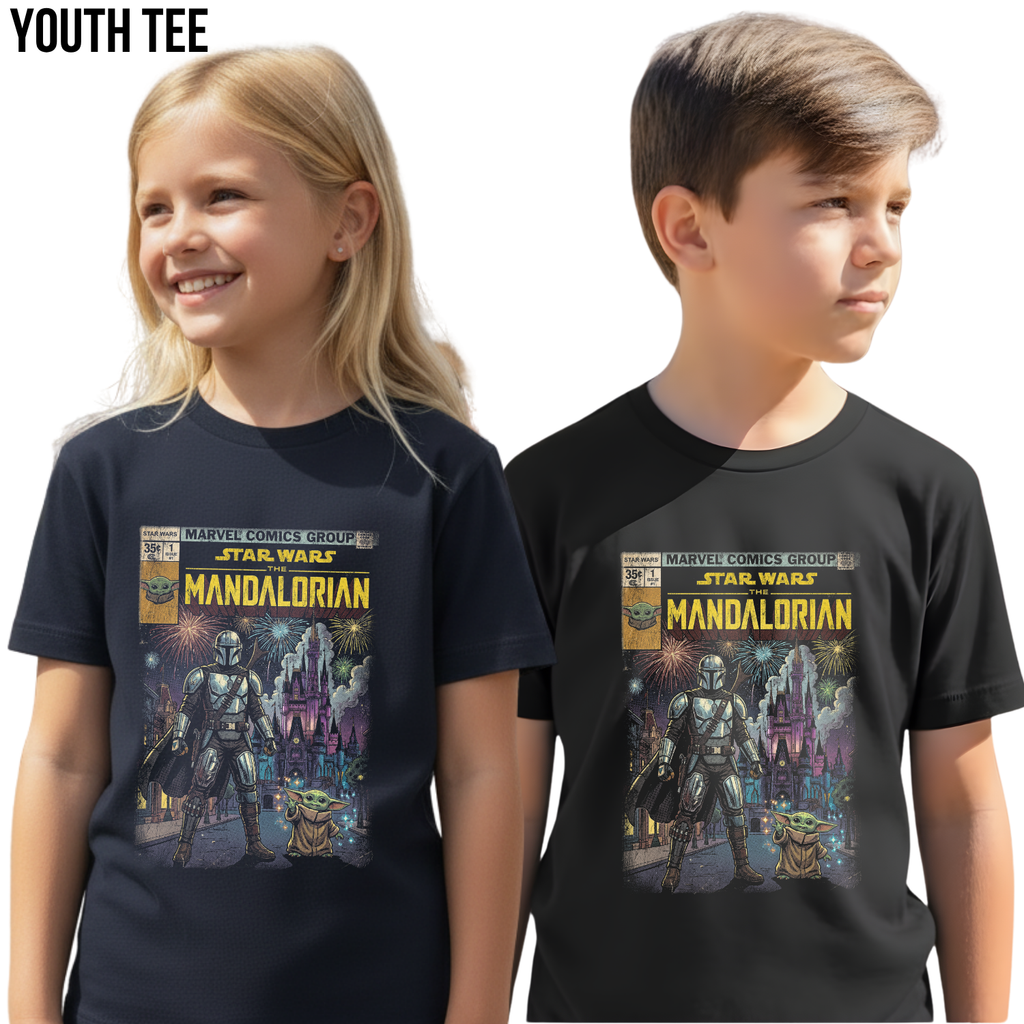 The Mandalorian and Grogu Disney World Castle Shirt - Star Wars Comic Style Tee