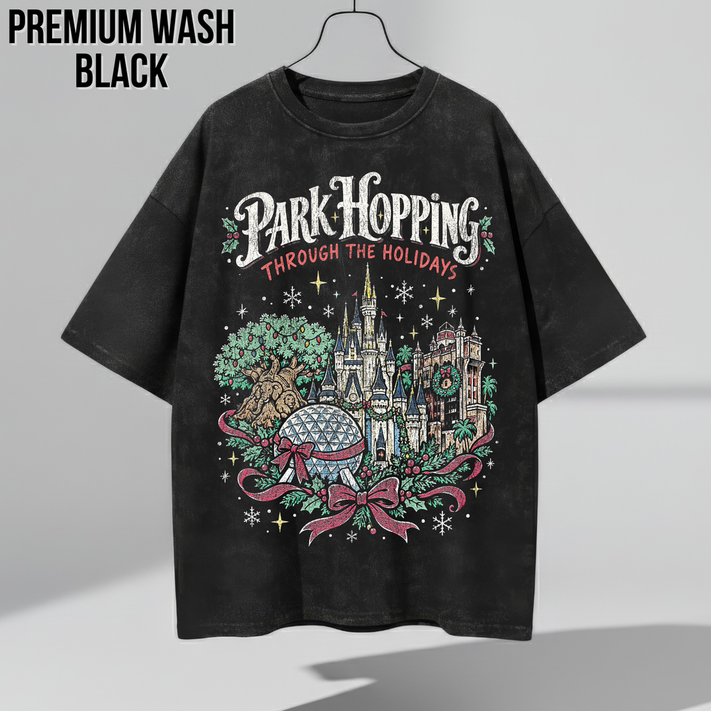 Disney Park Hopping Christmas Shirt – Four Parks Holiday Icons Graphic Shirt, Disney World Holiday Fan Gift, Disney Christmas Park Hopper Shirt, Disney Holiday Merch