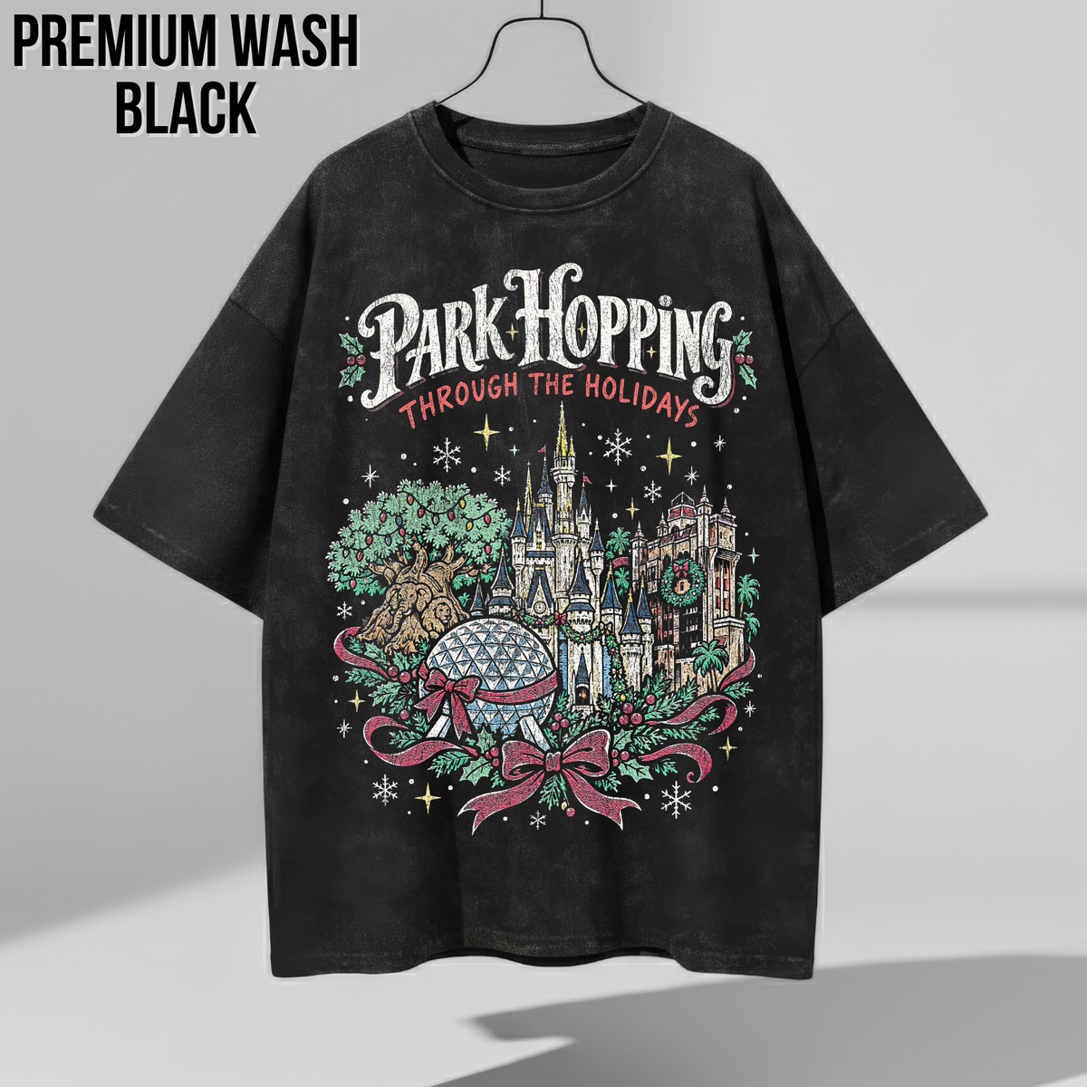 Disney Park Hopping Christmas Shirt – Four Parks Holiday Icons Graphic Shirt, Disney World Holiday Fan Gift, Disney Christmas Park Hopper Shirt, Disney Holiday Merch