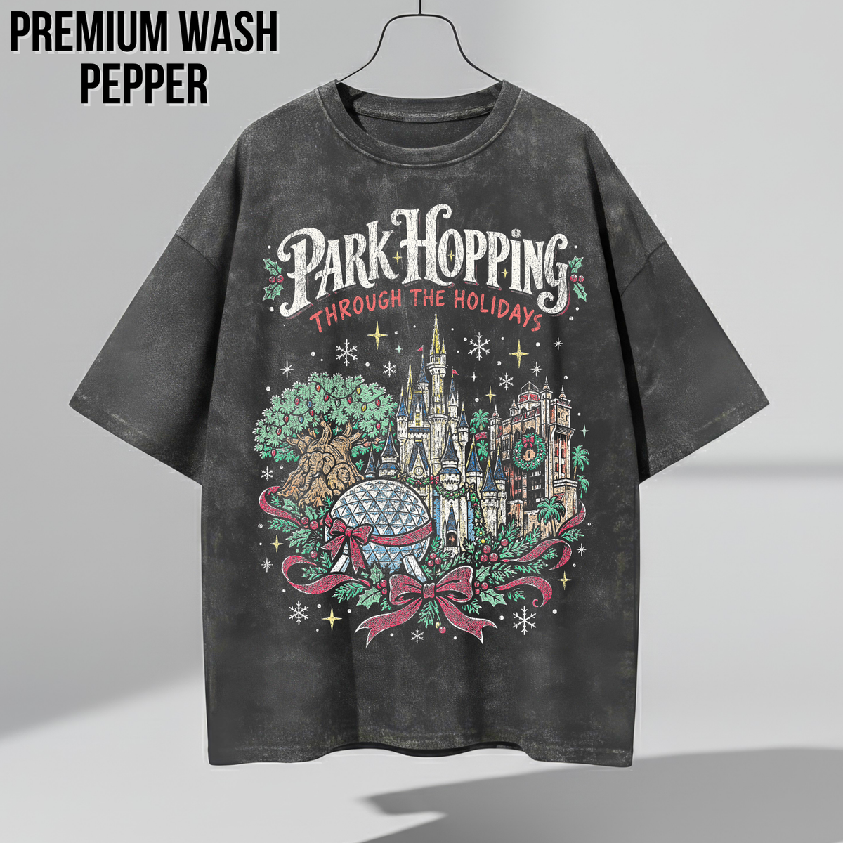 Disney Park Hopping Christmas Shirt – Four Parks Holiday Icons Graphic Shirt, Disney World Holiday Fan Gift, Disney Christmas Park Hopper Shirt, Disney Holiday Merch