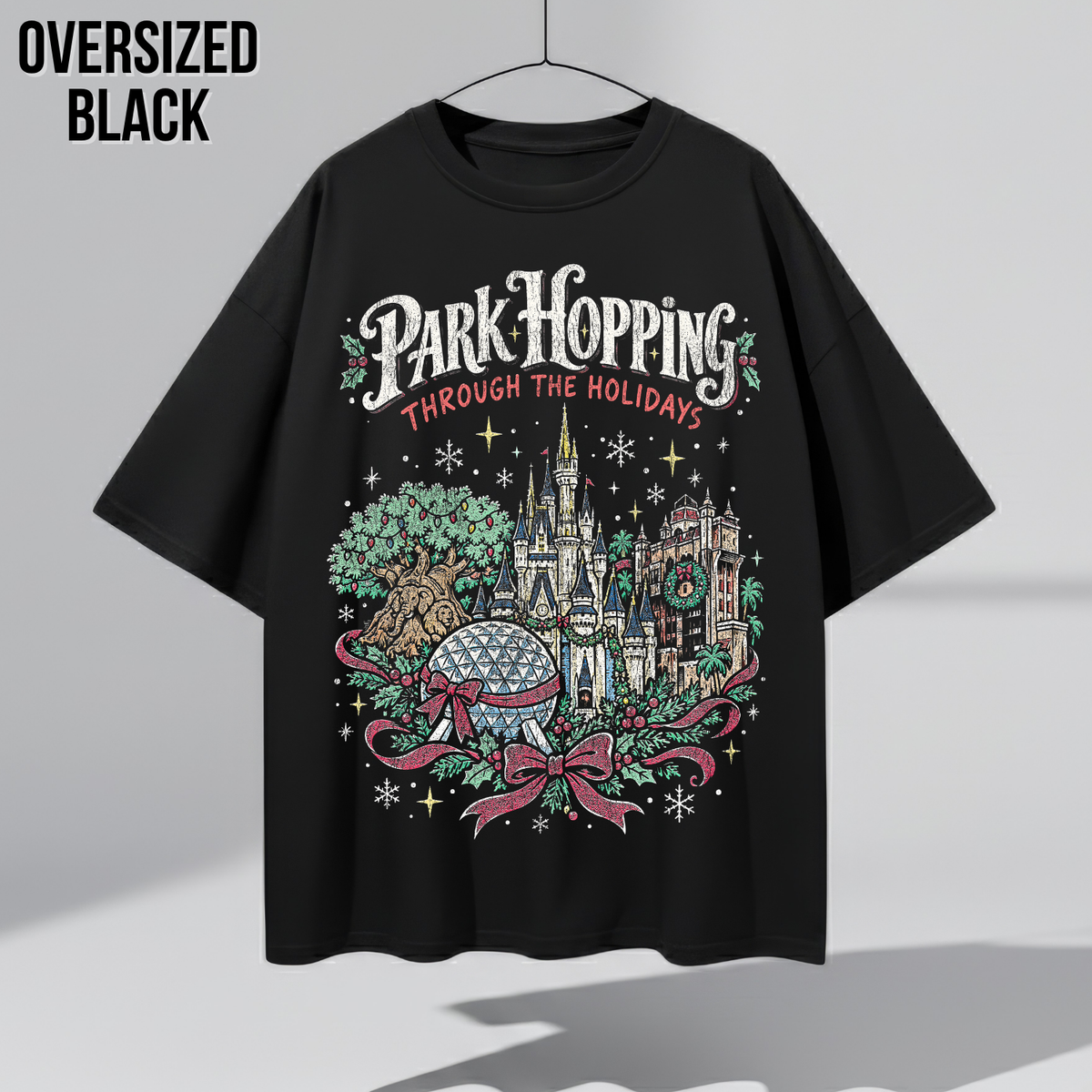 Disney Park Hopping Christmas Shirt – Four Parks Holiday Icons Graphic Shirt, Disney World Holiday Fan Gift, Disney Christmas Park Hopper Shirt, Disney Holiday Merch