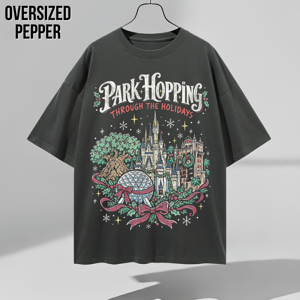 Disney Park Hopping Christmas Shirt – Four Parks Holiday Icons Graphic Shirt, Disney World Holiday Fan Gift, Disney Christmas Park Hopper Shirt, Disney Holiday Merch