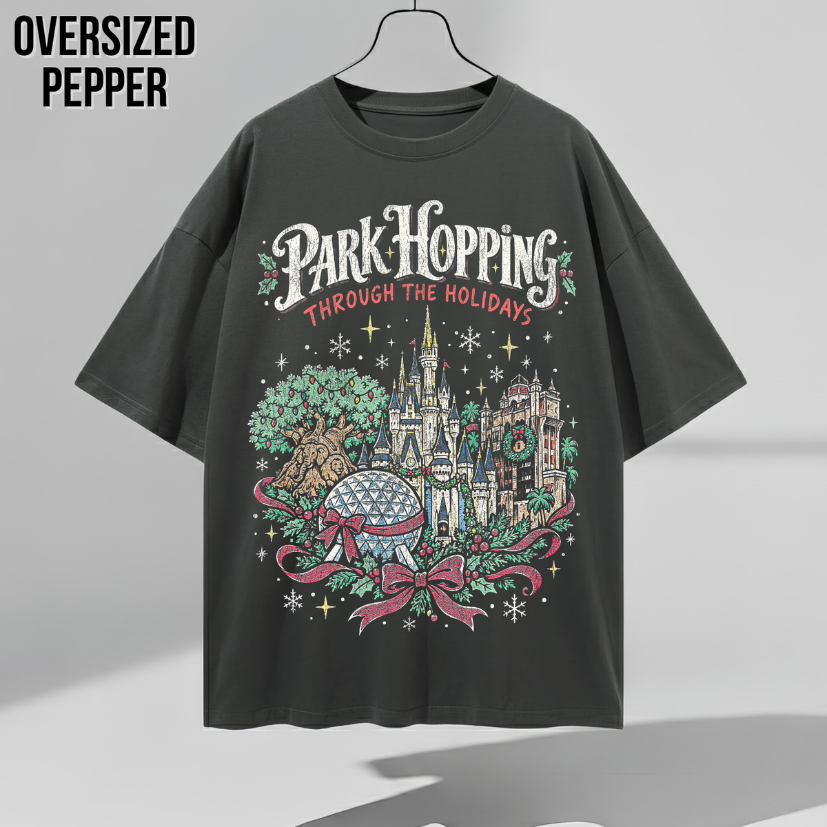 Disney Park Hopping Christmas Shirt – Four Parks Holiday Icons Graphic Shirt, Disney World Holiday Fan Gift, Disney Christmas Park Hopper Shirt, Disney Holiday Merch