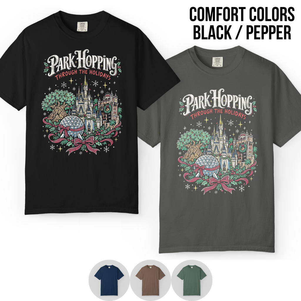 Disney Park Hopping Christmas Shirt – Four Parks Holiday Icons Graphic Shirt, Disney World Holiday Fan Gift, Disney Christmas Park Hopper Shirt, Disney Holiday Merch