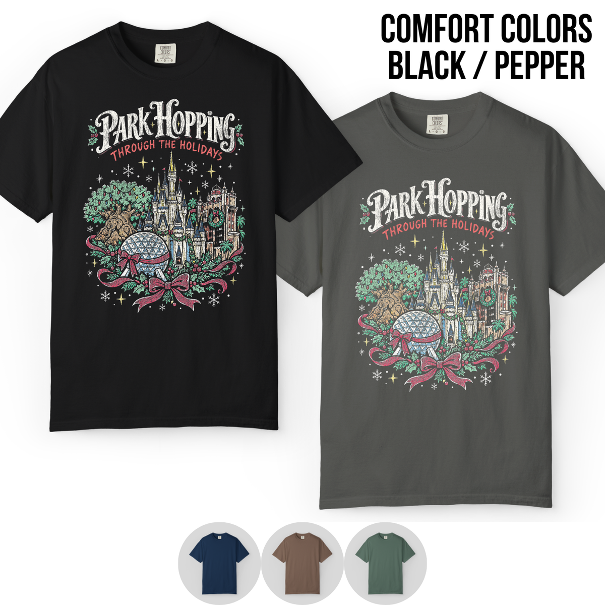 Disney Park Hopping Christmas Shirt – Four Parks Holiday Icons Graphic Shirt, Disney World Holiday Fan Gift, Disney Christmas Park Hopper Shirt, Disney Holiday Merch
