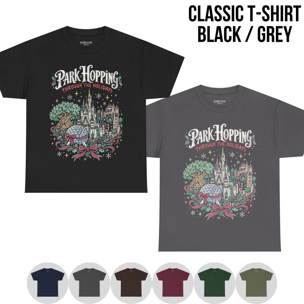 Disney Park Hopping Christmas Shirt – Four Parks Holiday Icons Graphic Shirt, Disney World Holiday Fan Gift, Disney Christmas Park Hopper Shirt, Disney Holiday Merch