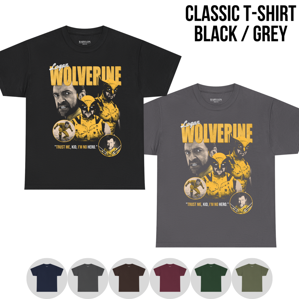 Wolverine Shirt – Logan Wolverine Trust Me Kid I'm No Hero Collage Tee, Hugh Jackman Wolverine Fan Gift, X-Men Wolverine Graphic Shirt, Marvel Mutant Tee