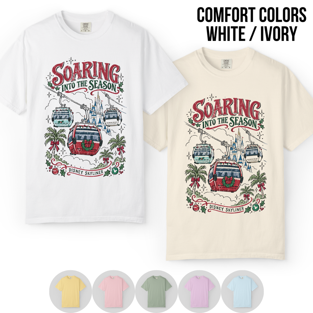 Disney Skyliner Christmas Shirt – Soaring Into the Season Gondola Holiday Graphic Shirt, Disney World Holiday Fan Gift, Disney Christmas Skyliner Shirt, Disney Holiday Merch