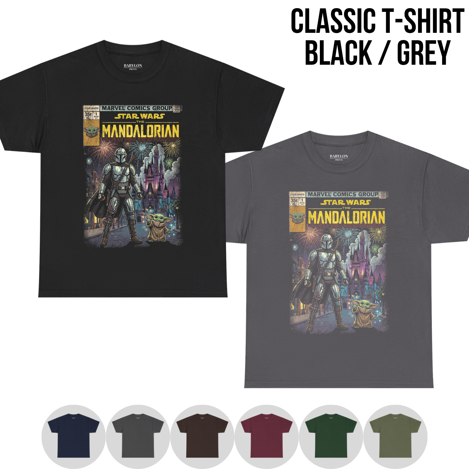 The Mandalorian and Grogu Disney World Castle Shirt - Star Wars Comic Style Tee