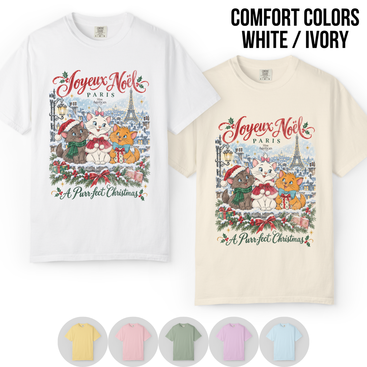 Aristocats Christmas Shirt – Joyeux Noël Paris Marie Berlioz Toulouse Graphic Shirt, Disney Aristocats Holiday Fan Gift, Disney Christmas Cat Shirt, Disney Holiday Merch