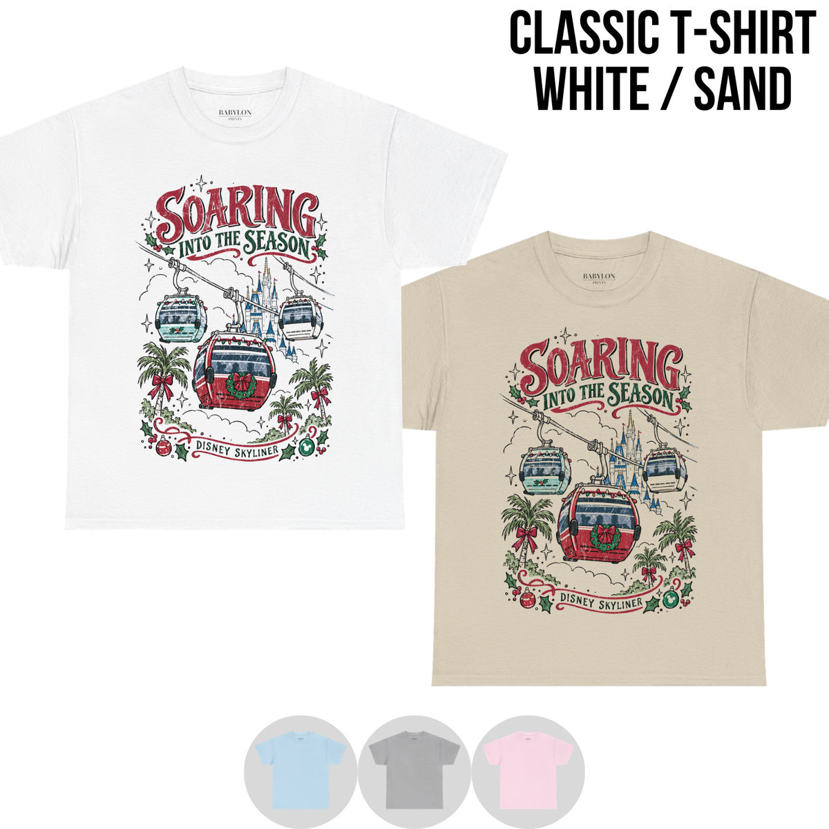 Disney Skyliner Christmas Shirt – Soaring Into the Season Gondola Holiday Graphic Shirt, Disney World Holiday Fan Gift, Disney Christmas Skyliner Shirt, Disney Holiday Merch