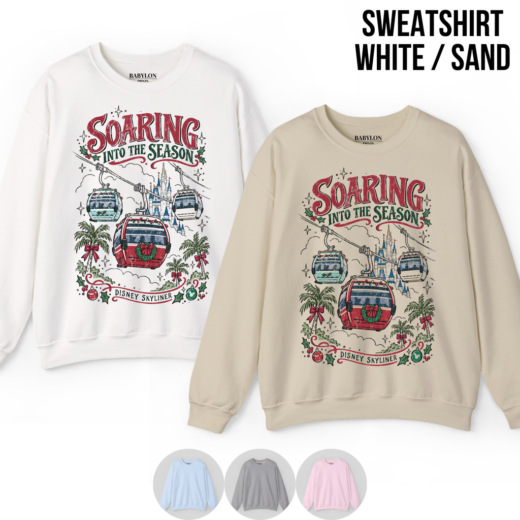 Disney Skyliner Christmas Shirt – Soaring Into the Season Gondola Holiday Graphic Shirt, Disney World Holiday Fan Gift, Disney Christmas Skyliner Shirt, Disney Holiday Merch