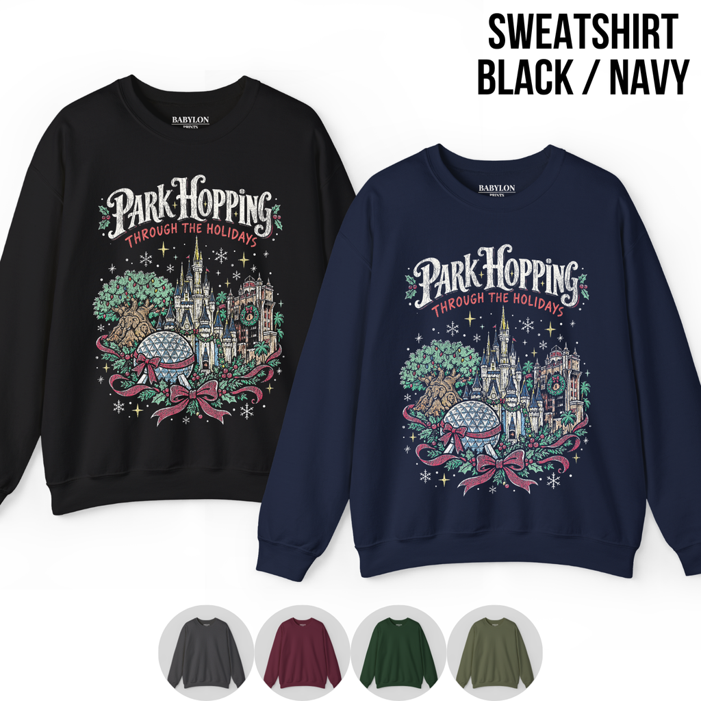 Disney Park Hopping Christmas Shirt – Four Parks Holiday Icons Graphic Shirt, Disney World Holiday Fan Gift, Disney Christmas Park Hopper Shirt, Disney Holiday Merch